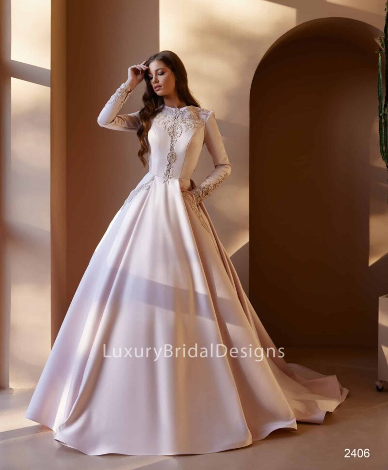 Long Sleeves High Neck Modest Pink Princess Wedding Dress - SKY