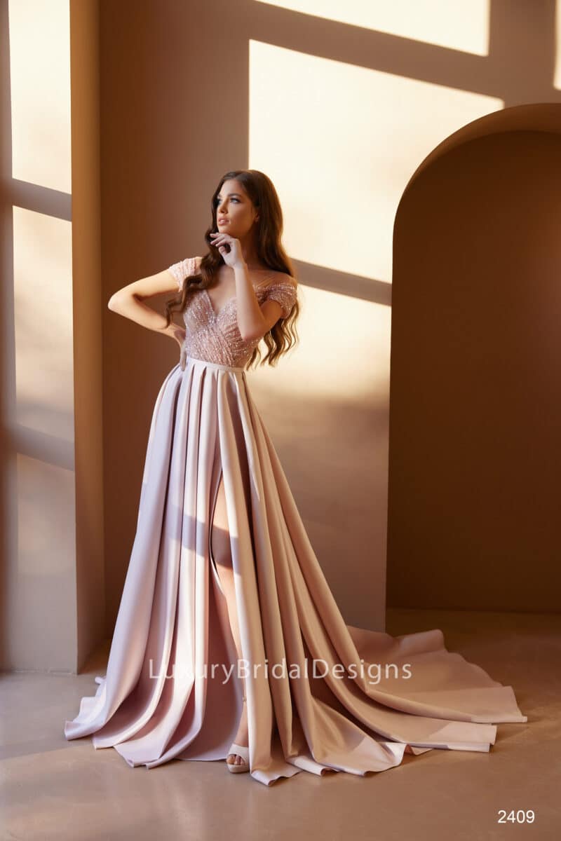 Off-the-shoulder Sparkling Blush A-Line Wedidng Dress - MIA