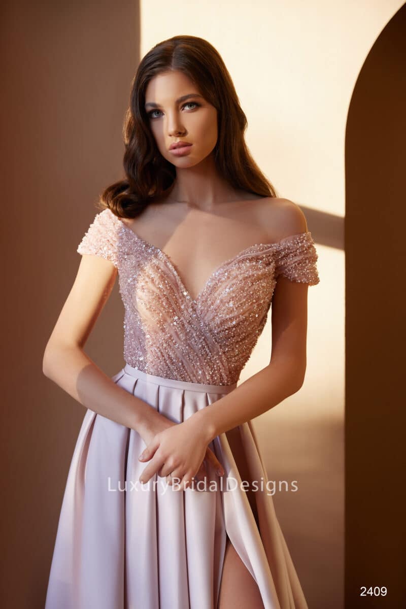 Off-the-shoulder Sparkling Blush A-Line Wedidng Dress - MIA - Image 2