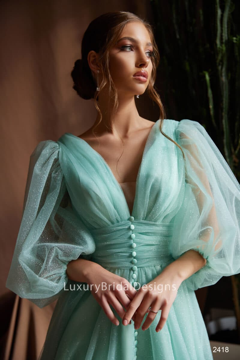 Long Puff Sleeves Sparkling Mint Green Evening Dress - V-2418 - Image 3