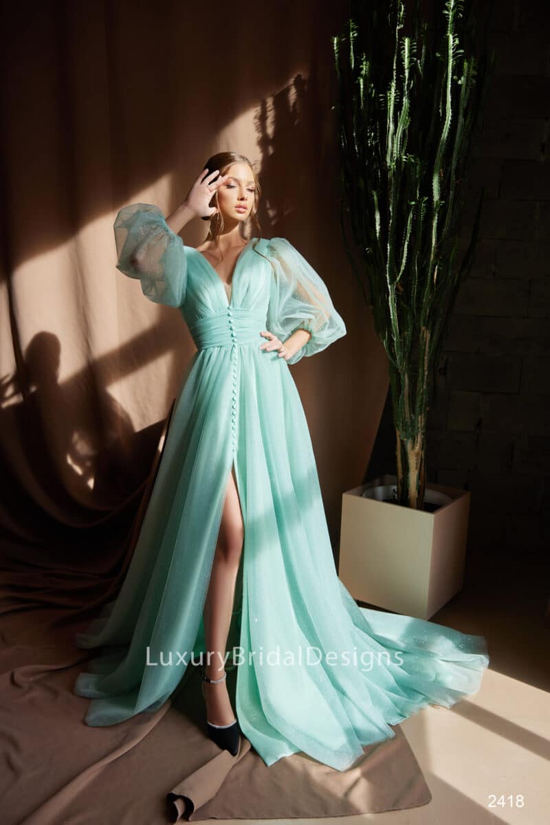 Long Puff Sleeves Sparkling Mint Green Evening Dress - V-2418