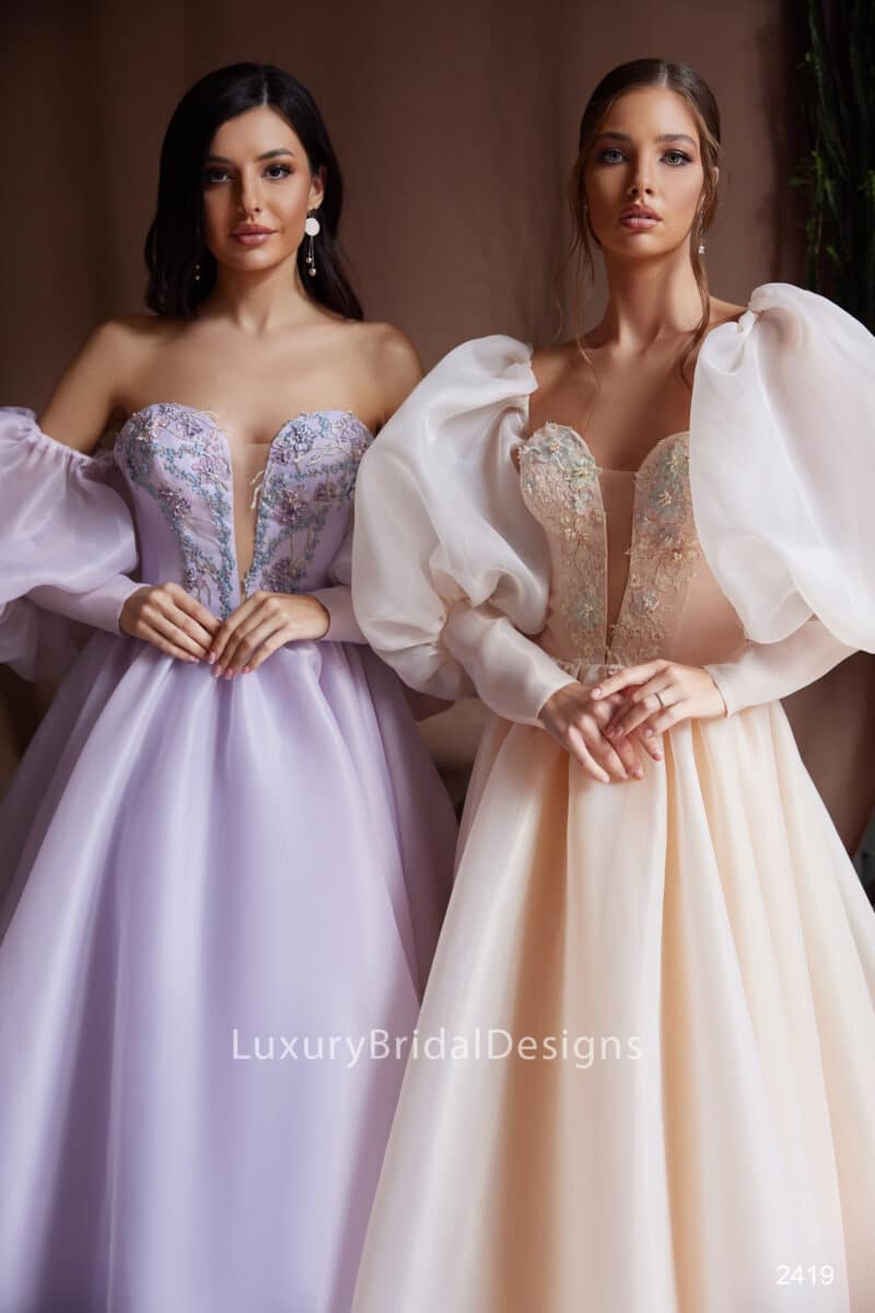 Long Sleeves Lilac Corset Evening Wedding Dress - V-2419