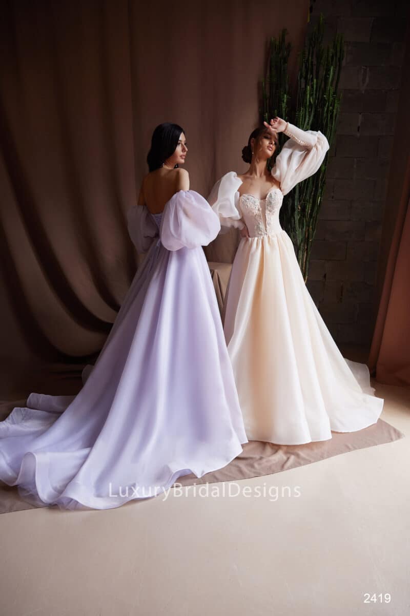 Long Puff Sleeves Champagne Nude A-Line Wedding Dress - V-2419