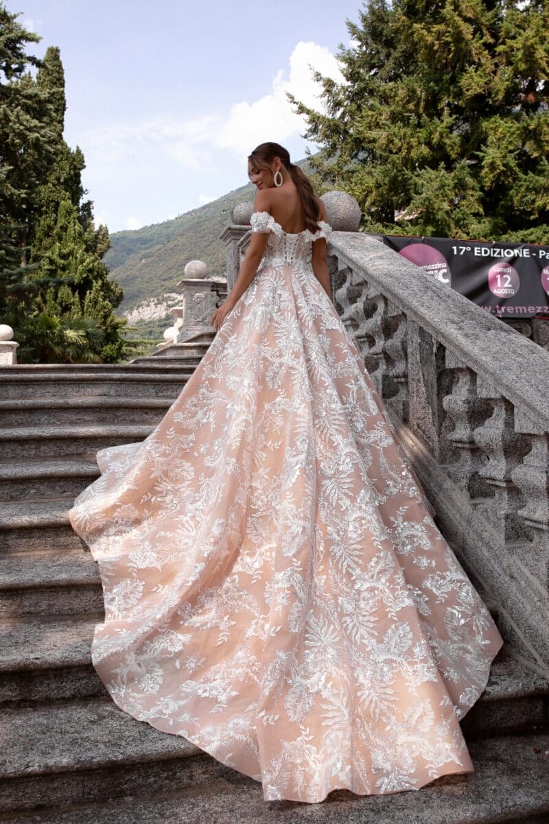 ADINA , Off-The-Shoulder Blush Fairy Princess Wedding Dress With Long Train - Image 3