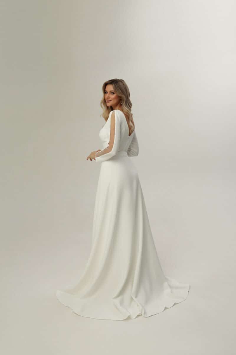 CLAIR , Long Sleeve Plunging Neck Wedding White Jumpsuit with Detachable Train - Image 6