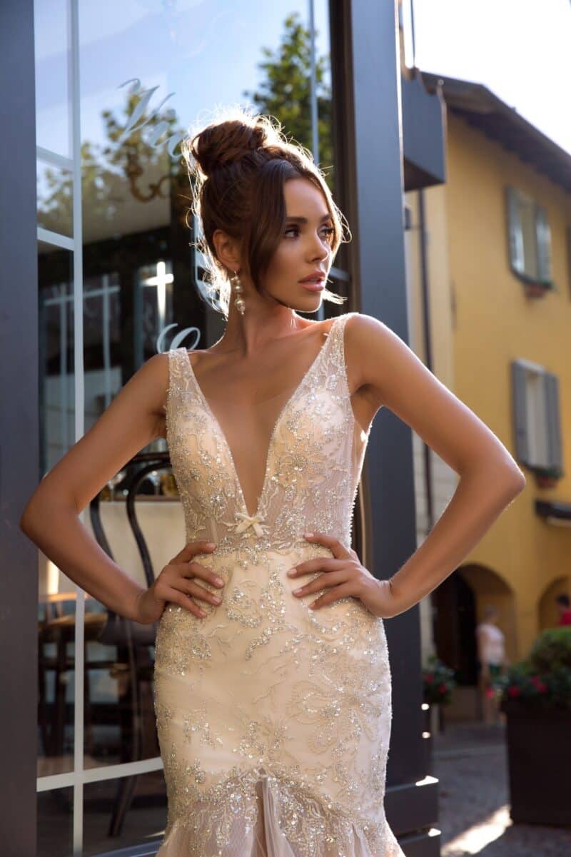 CATHERINE , Deep V Neckline Sexy Mermaid Wedding Dress With Long Train , 5001 - Image 3