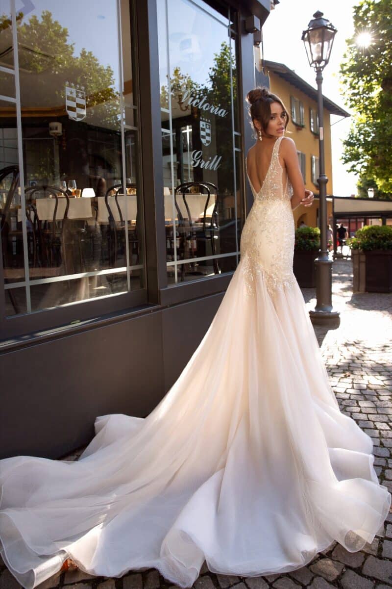 CATHERINE , Deep V Neckline Sexy Mermaid Wedding Dress With Long Train , 5001 - Image 4