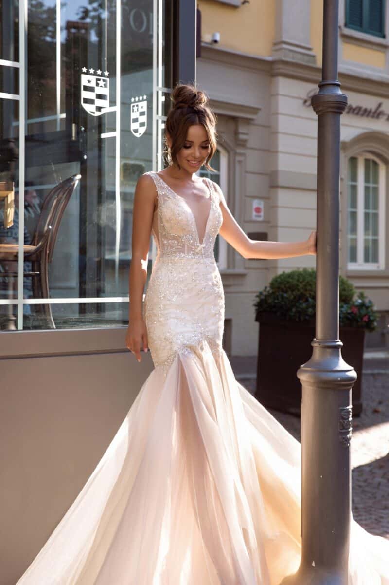 CATHERINE , Deep V Neckline Sexy Mermaid Wedding Dress With Long Train , 5001 - Image 5