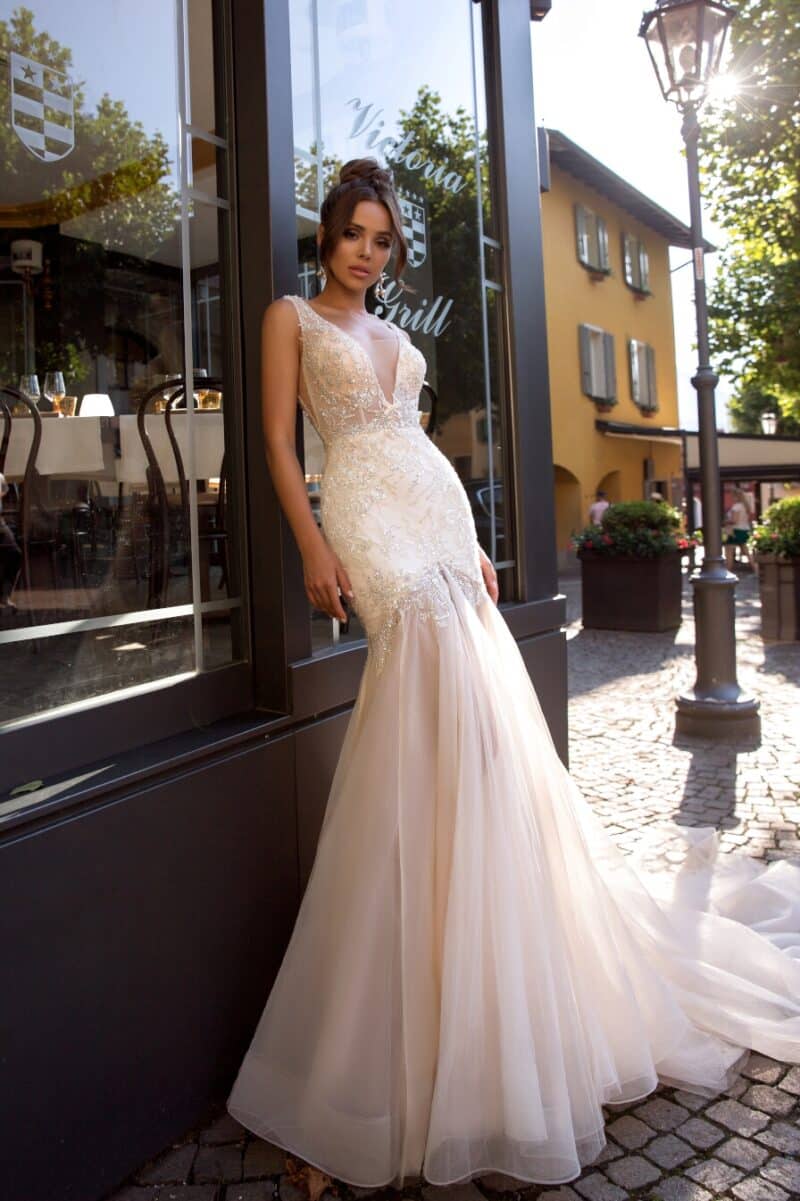 CATHERINE , Deep V Neckline Sexy Mermaid Wedding Dress With Long Train , 5001 - Image 6