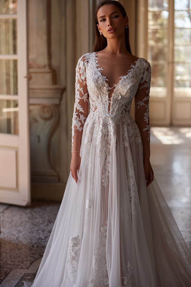 Long Sleeves Deep V Neckline A-line Wedding Dress - NORA - Image 2