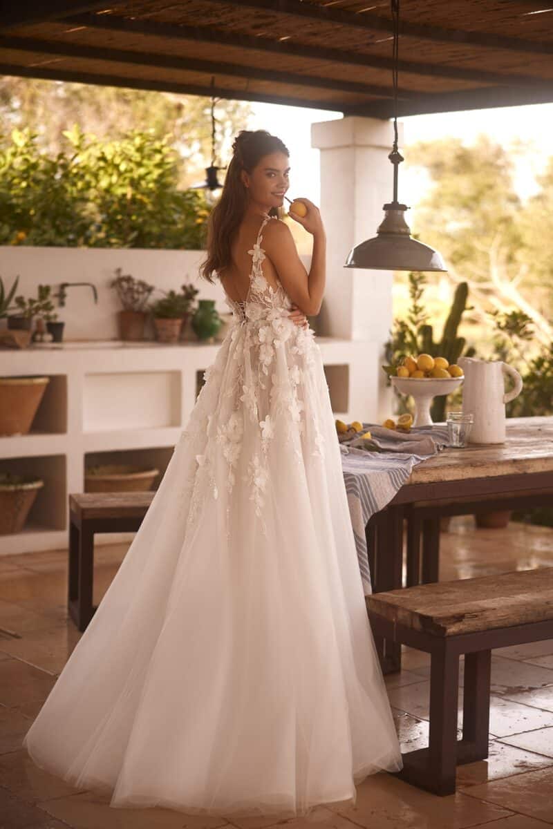 3D Flower Deep V Neckline Boho A-line Bridal Gown Beach Wedding Dress - LAUREN - Image 2