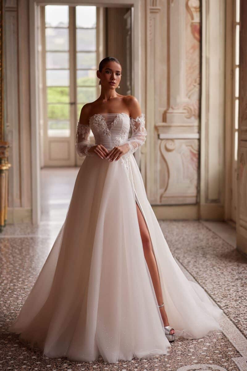 Detachable Long Sleeves Sweetheart Neck A-line Wedding Dress - MARETA