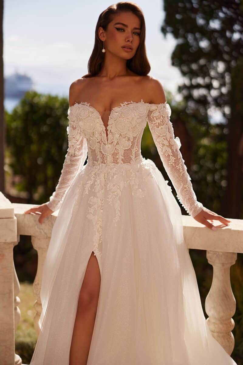 Long Sleeves Off-the-shoulder Sparkling A-line Wedding Dress -NADIA - Image 4