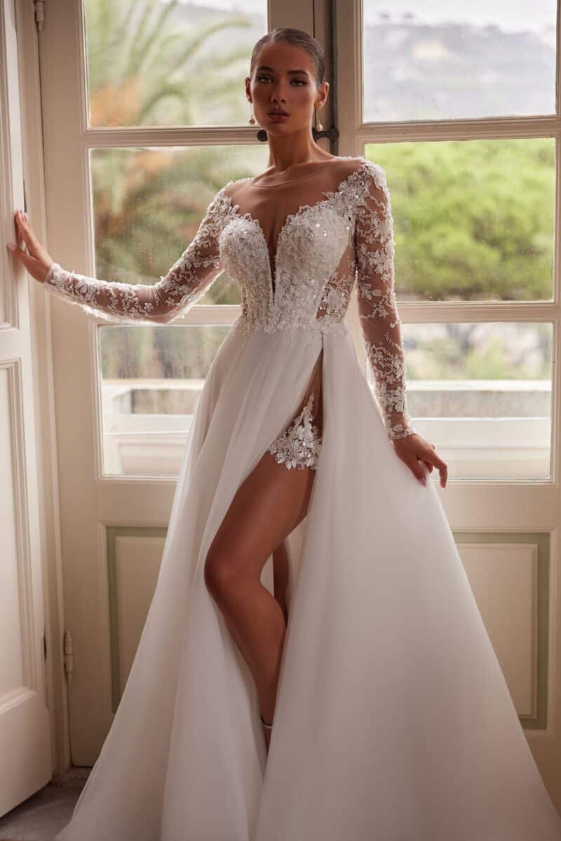 Long Sleeves Deep V Neckline A-line Wedding Dress - CAROLIN - Image 4