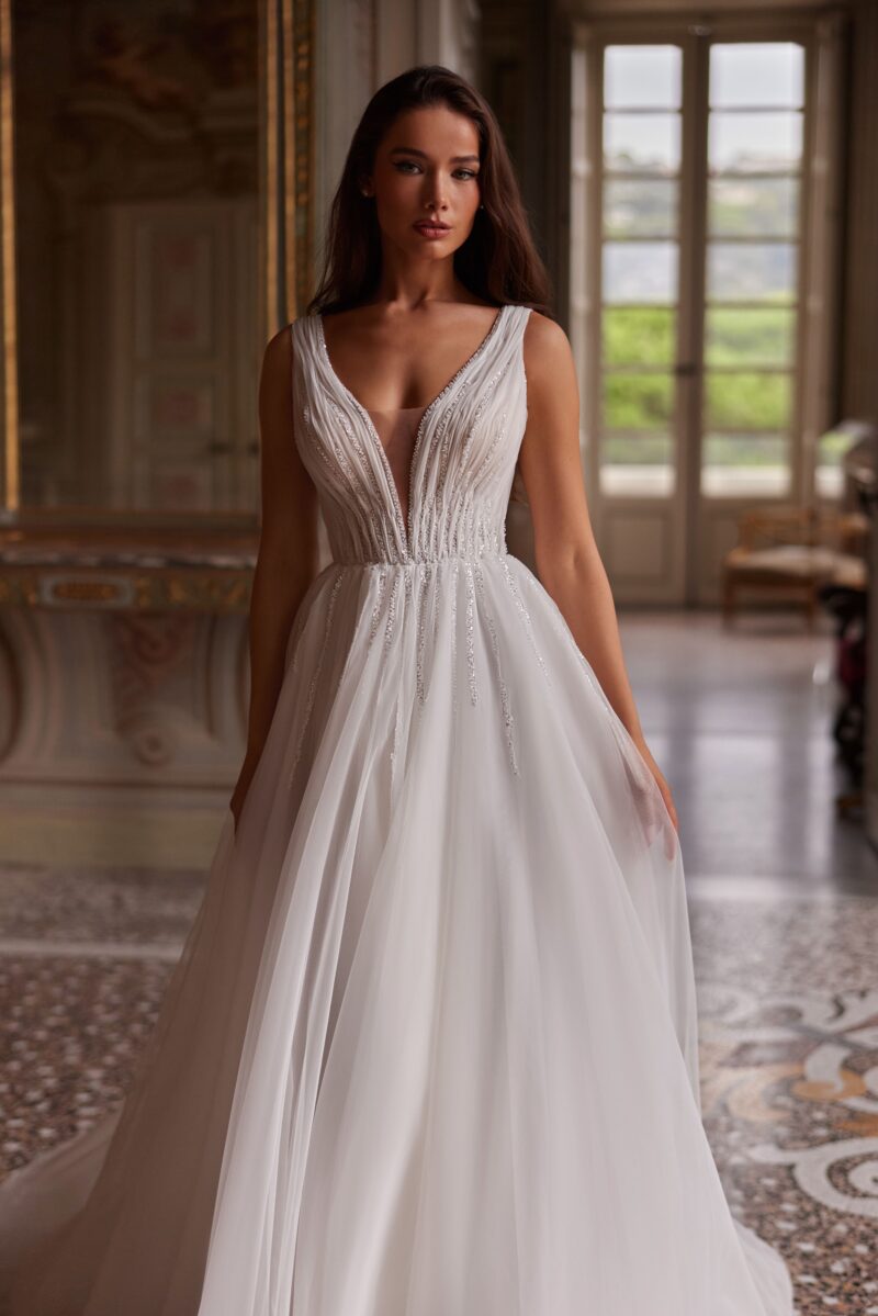 Deep V Neckline Low Open Back A-Line Wedding Dress - PANCY - Image 2