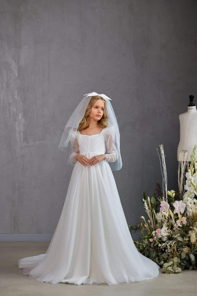 Long Sleeves A-line Flower Girl First Communion Dress -AVERY - Image 5