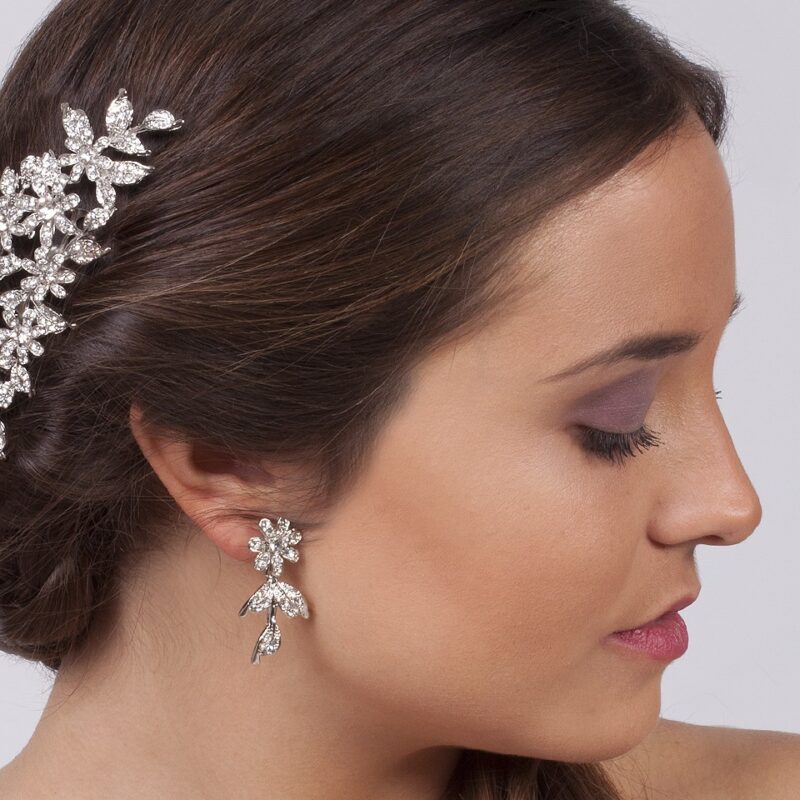 Swarovski Crystal Flower Statement Silver Wedding Earrings - BIANCA - Image 2