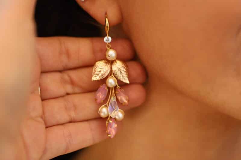 Pink Blush Opal Gold Boho Wedding Earrings - ALSENA