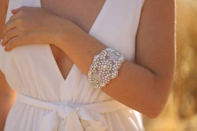 Silver Crystal Pearl Cuff Wedding Bracelet - MONICA - Image 4