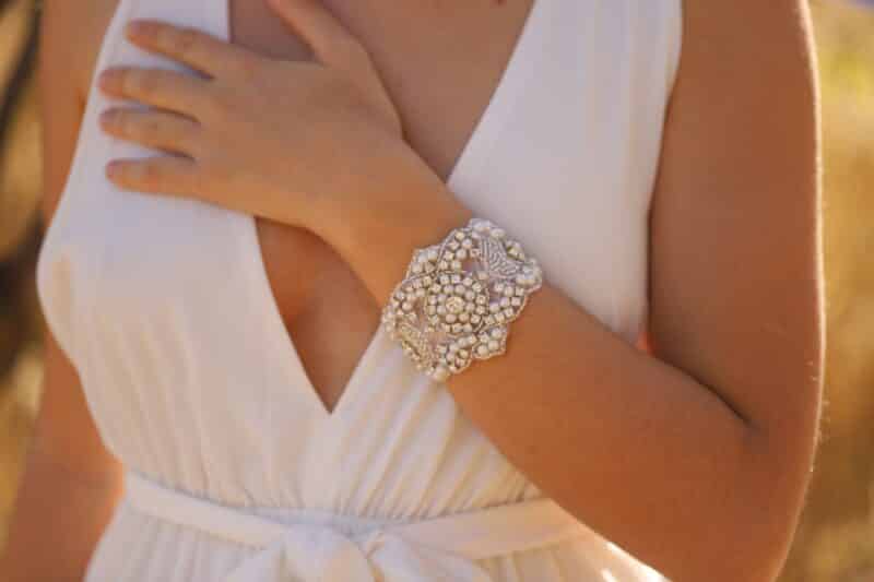 Silver Crystal Pearl Cuff Wedding Bracelet - MONICA - Image 3