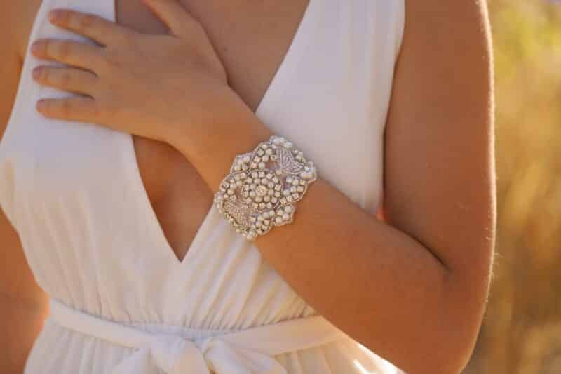 Silver Crystal Pearl Cuff Wedding Bracelet - MONICA