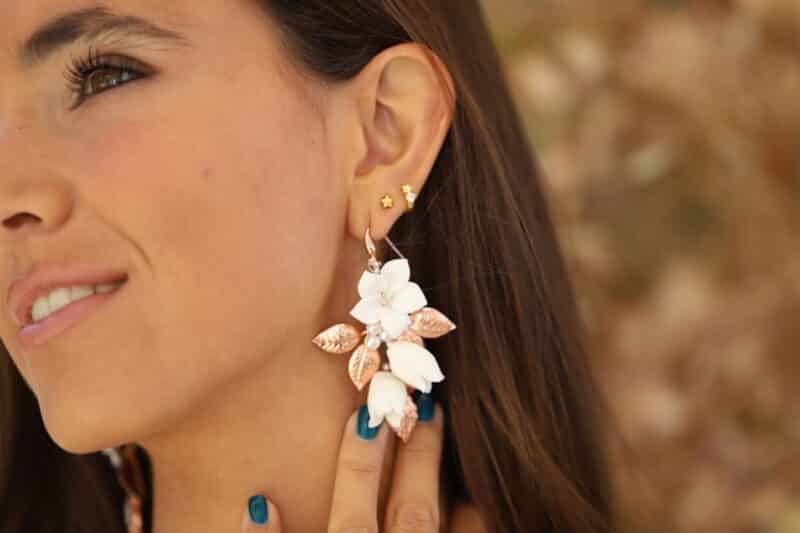 Porcelain Flower Rose Gold Boho Wedding Earrings - AVANI - Image 4