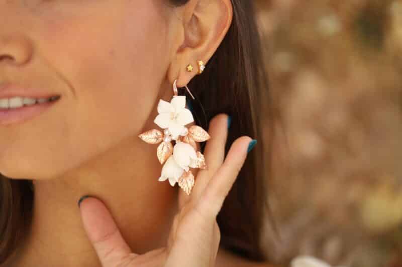 Porcelain Flower Rose Gold Boho Wedding Earrings - AVANI - Image 3