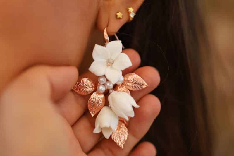 Porcelain Flower Rose Gold Boho Wedding Earrings - AVANI - Image 6