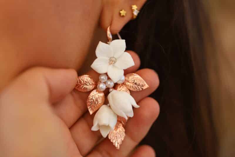 Porcelain Flower Rose Gold Boho Wedding Earrings - AVANI - Image 2