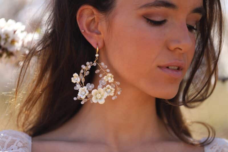 Porcelain Flower Hoop Gold Boho Bridal Earrings - EMBER - Image 4