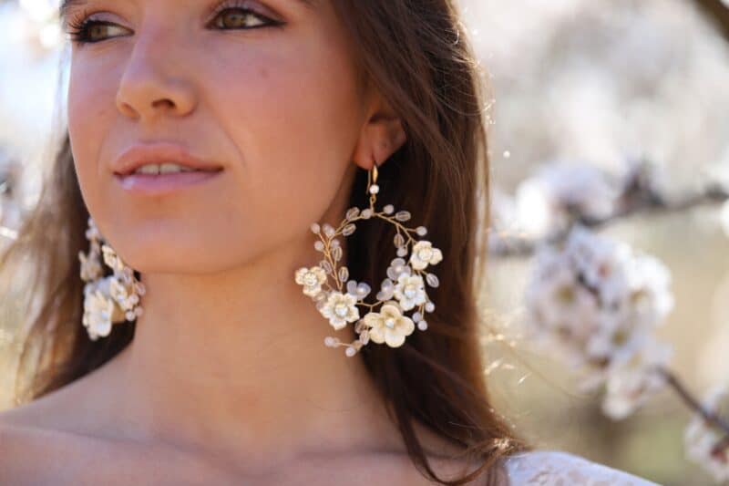 Porcelain Flower Hoop Gold Boho Bridal Earrings - EMBER - Image 2