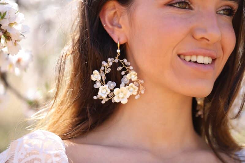 Porcelain Flower Hoop Gold Boho Bridal Earrings - EMBER - Image 3