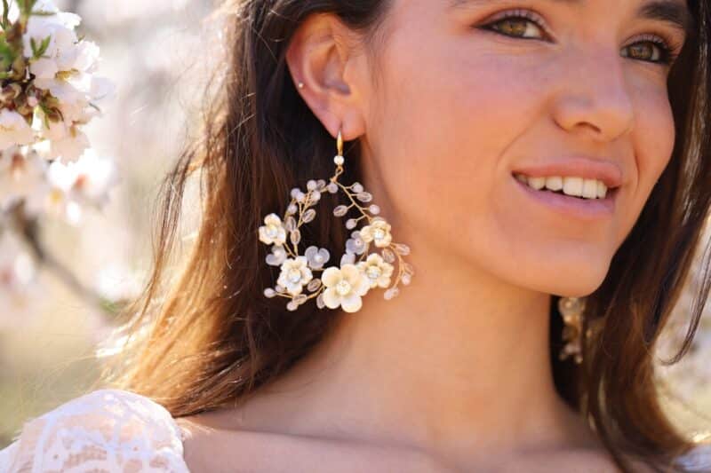 Porcelain Flower Hoop Gold Boho Bridal Earrings - EMBER