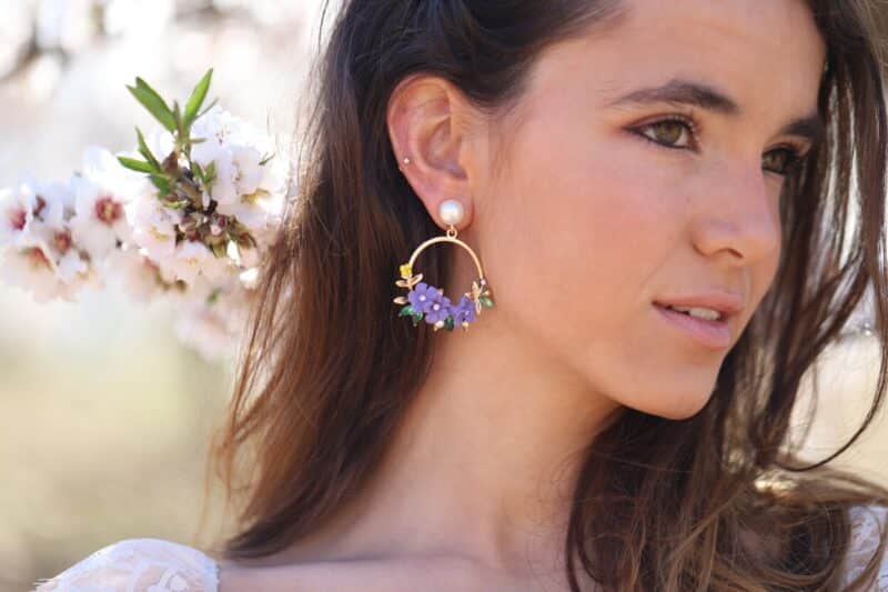 Purple Flower Gold Boho Wedding Earrings - BERNADETTE - Image 5