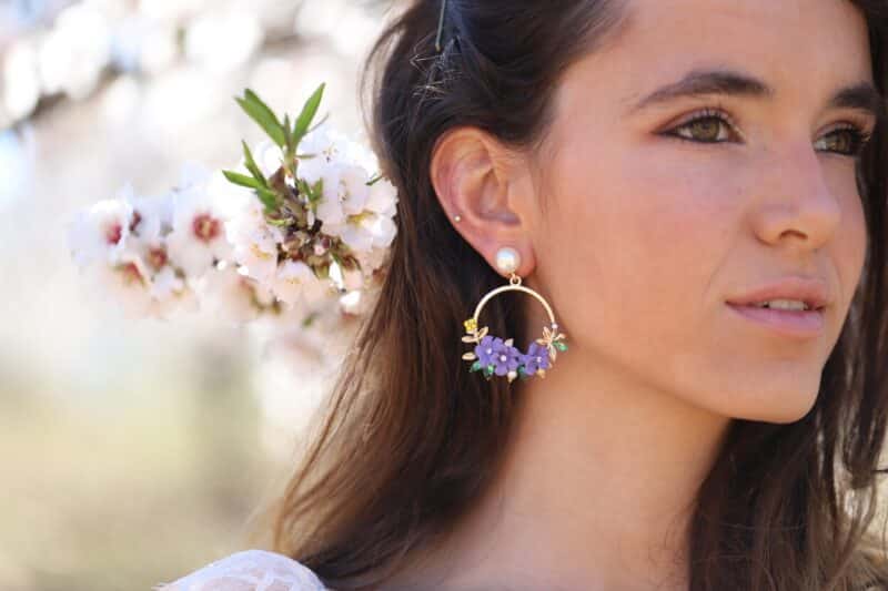 Purple Flower Gold Boho Wedding Earrings - BERNADETTE - Image 4