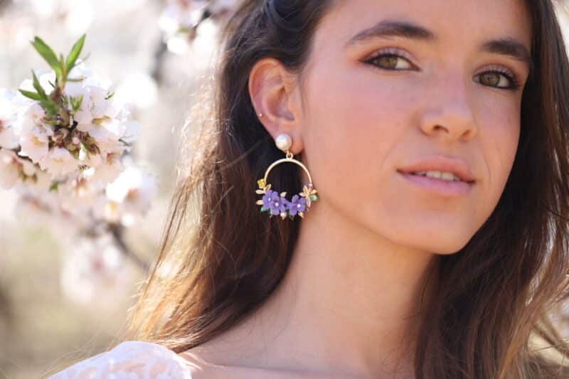 Purple Flower Gold Boho Wedding Earrings - BERNADETTE