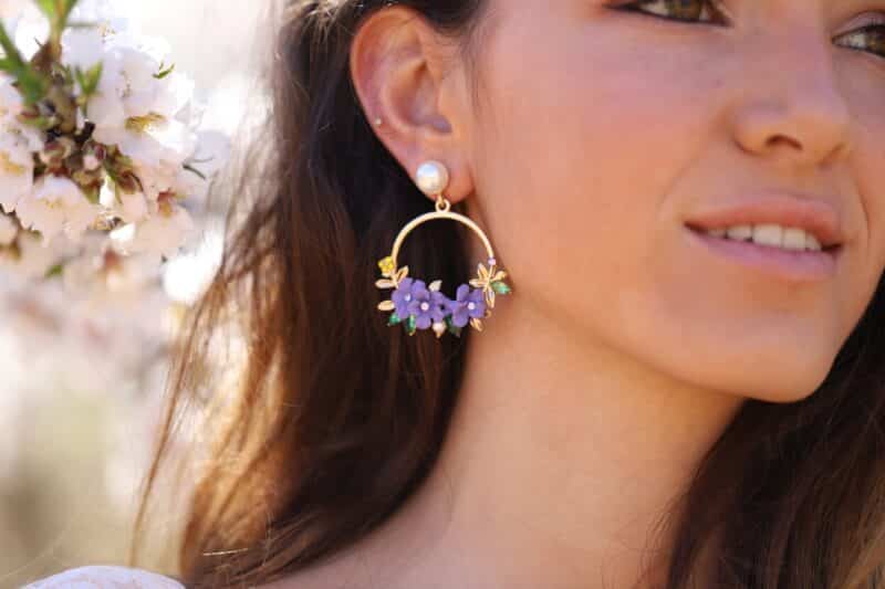 Purple Flower Gold Boho Wedding Earrings - BERNADETTE - Image 2