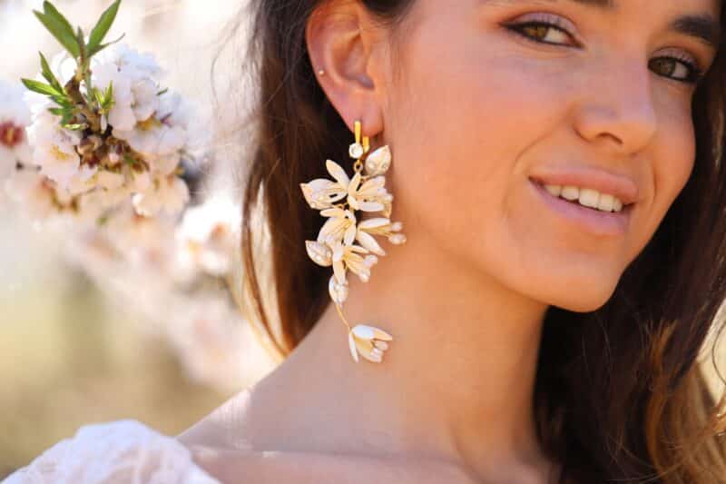 Flower Gold Statement Boho Wedding Earrings - REMI - Image 5