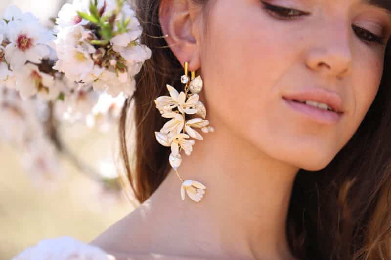 Flower Gold Statement Boho Wedding Earrings - REMI - Image 2