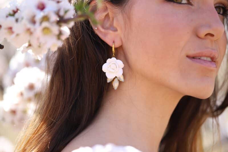 Delicate Porcelain Flower Gold Boho Wedding Earrings - AMY - Image 2