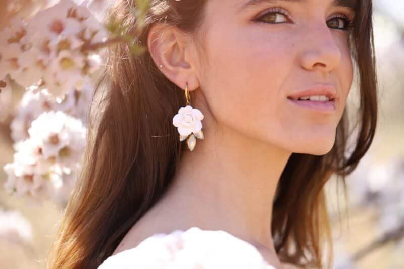 Delicate Porcelain Flower Gold Boho Wedding Earrings - AMY