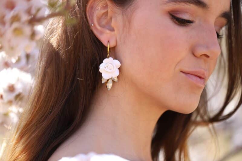 Delicate Porcelain Flower Gold Boho Wedding Earrings - AMY - Image 3