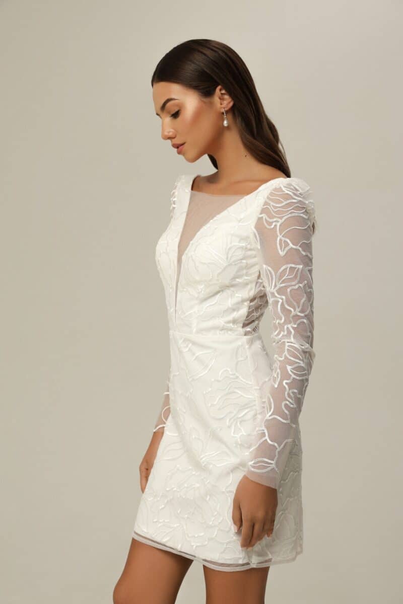 Long Sleeves Deep V Neck Short Reception Wedding Dress - CAMILLE - Image 5