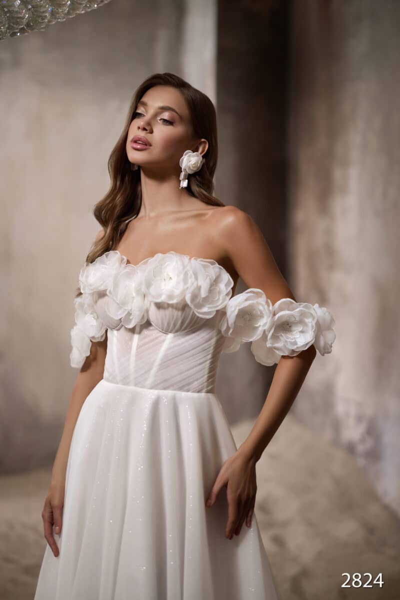 Off-the-shoulder Sparkling Flower A- line Wedding Dress - CARLA - Image 2