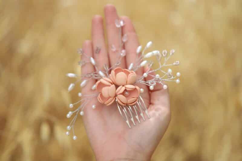 Peach Silver Flower Wedding Hair Comb - EMMA - Image 2