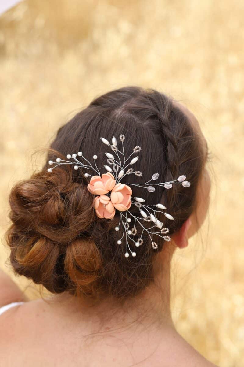 Peach Silver Flower Wedding Hair Comb - EMMA