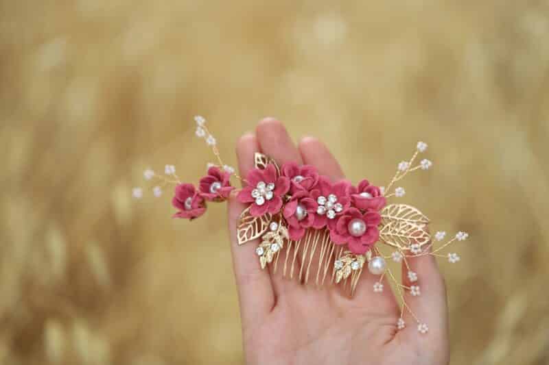 Pink Gold Flower Wedding Hair Comb - ALINA