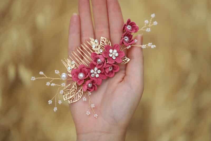 Pink Gold Flower Wedding Hair Comb - ALINA - Image 3