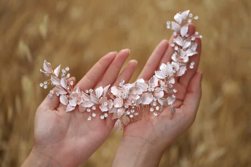 Rose Gold Flower Leaf Wedding Headband - HELLEN