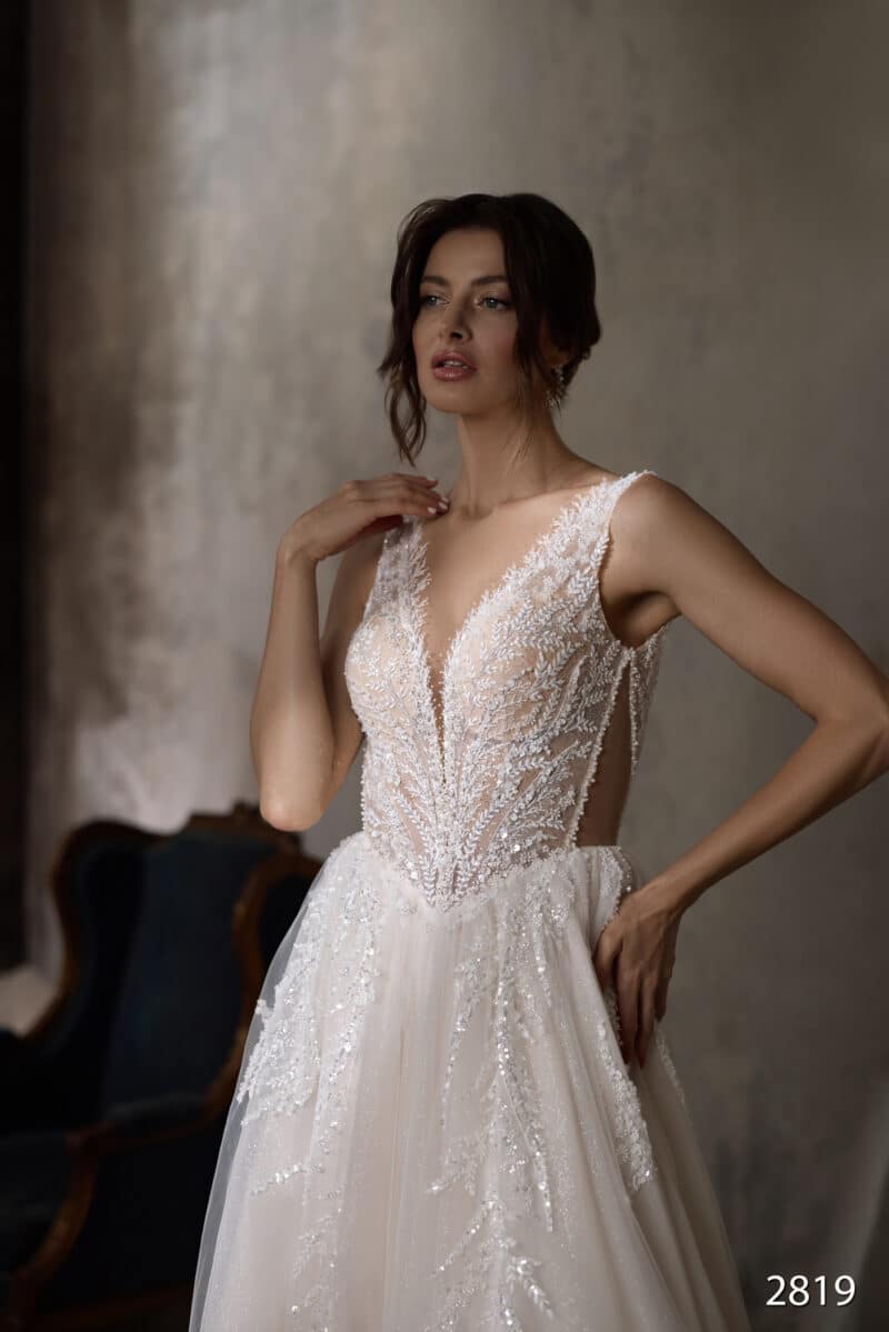 Deep V Neckline Sparkling A-Line Wedding Dress - LESLEY - Image 2